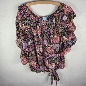 CeCe Blouse Top Bluish Floral Scoop Neck Size M 3/4-Sleeve Ruffle Cuff Tie Front